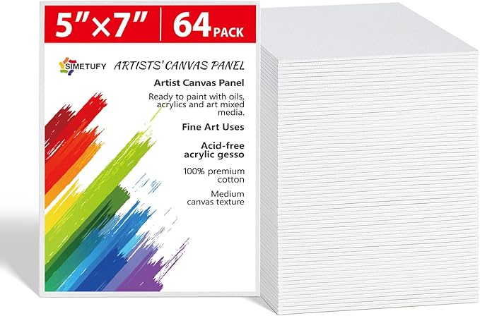 Simetufy 64 Pack 5x7 inch Flat Canvas Boards for Kids Painting, Small Canvas Panels Blank- Gesso Primed Acid-Free 100% Cotton for Acrylics Oil Watercolor Tempera Paints