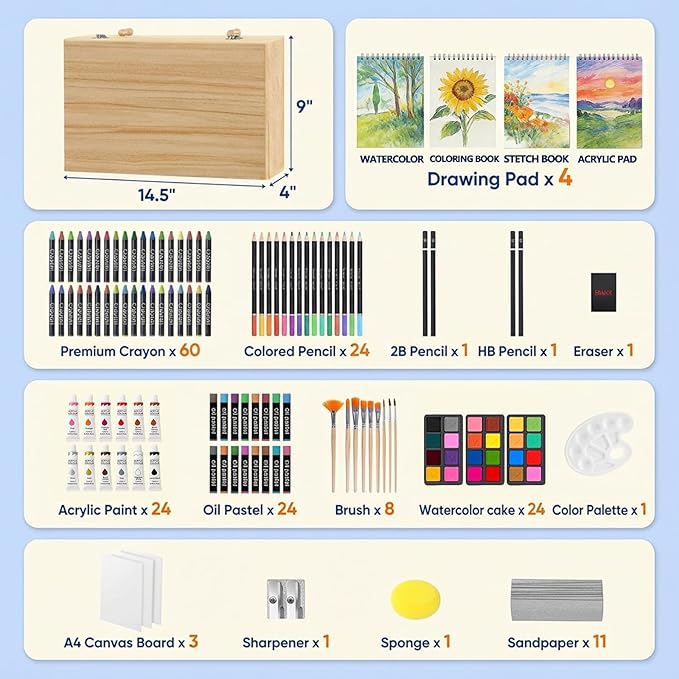 194 Piece Deluxe Art Set, Painting Drawing Art Supplies with 4 Drawing Pads, Acrylic Paints, Crayons, Colored Pencils Set in Wooden Case, Art Kit Gift Box for Kids, Teens, Adults, Artists, Beginners