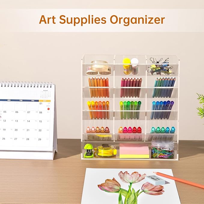 BEYGORM Acrylic Vertical Marker Organizer for 150 Markers with 13 Compartments, Clear Angled Pen & Pencil Holder, Large Desk Stationery & Art Supply Storage for Office & School (10.2 x 9.8 x 4 Inch)