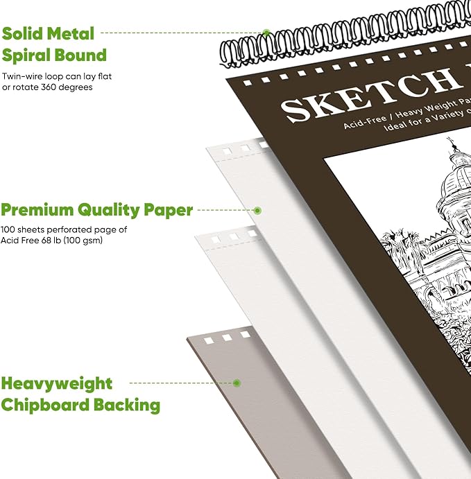 Soucolor Sketchbook 8.5x11 Hard Cover Spiral Bound, 100 Sheets 68lb/100gsm Thick Acid-Free Drawing Paper Lay Flat Sketch Pad Art Notebook for Adults Artists Teachers Students Classroom