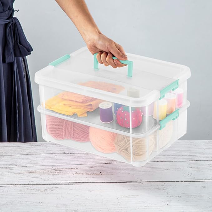 Sterilite 16-Pack Stack & Carry, 2 Layer Handle Box for Home & Office Storage - Clear Base & Lid with Color Latches, Organizer for Art & Craft Supplies, Sewing Tools or 8.5" x 11" Paper