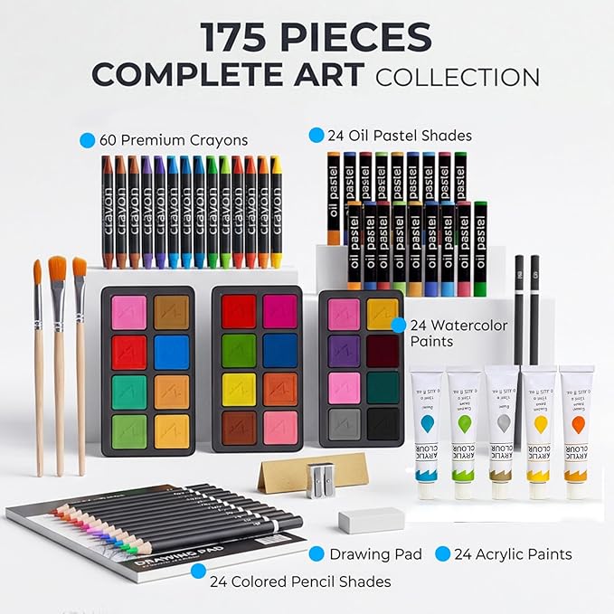 TMOL Art Supplies, 175-Pack Deluxe Art Set Drawing Painting Kit with 2 Drawing Pads, Acrylic Paints, Colored Pencils, Crayons, Art Kit in Wooden Case, Gift for Artist, Adults, Teens and Kids