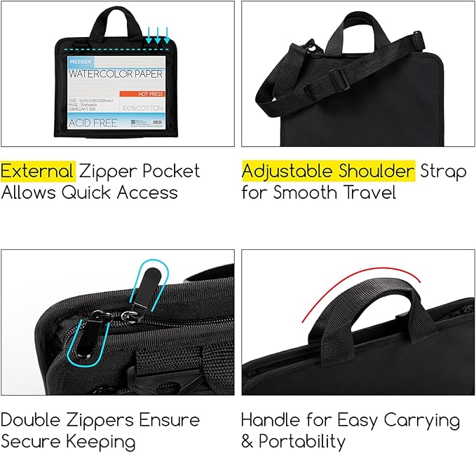 MEEDEN Sketch Bag: Portable Artist Sketch Portfolio Case for 9" x 12" Sketchbook & Watercolor Pads - Zippered Art Travel Bag for Brushes, Pens, Pencils & Art Supplies