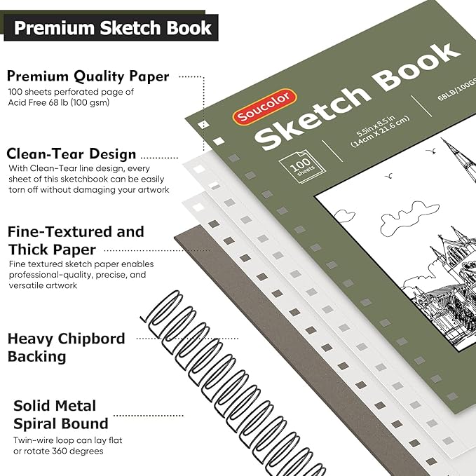 Soucolor 5.5" x 8.5" Sketchbook Pack of 2, 200 Sheets Blank Journal Notebook, A5, Spiral Bound Sketch Pad Drawing Book Acid-Free Paper (68lb/100gsm), Painting Sketching Drawing Notebook Art Supplies
