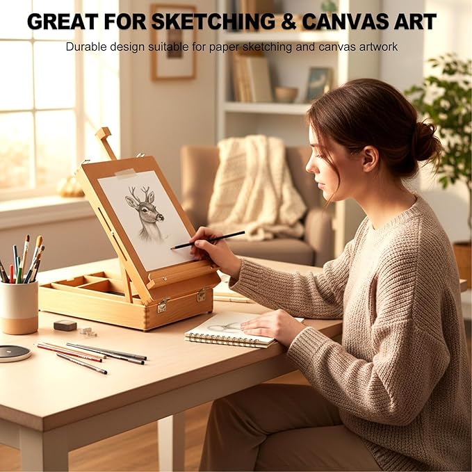 Beechwood Tabletop Easel for Painting, Portable Adjustable Sketchbox Art Easel Stand with Detachable Shoulder Strap for Beginners and Art Lovers
