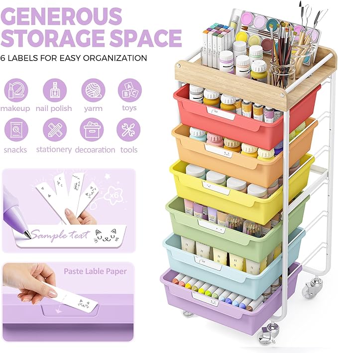 SYKIARIOL 6 Drawer Rolling Cart for Craft Storage,Utility Drawer Organizer with Handle and Wooden Top,Storage on wheels for Office,Classroom,Laundry,Garage,Snack,Art Supply