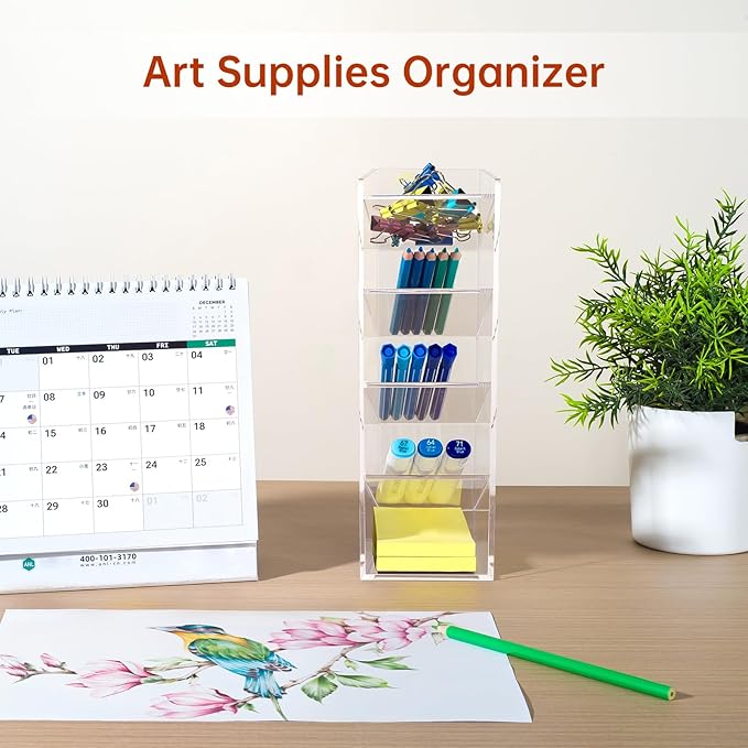 BEYGORM Acrylic Vertical Marker Organizer for 50 Markers with 5 Compartments, Clear Angled Pen & Pencil Holder, Large Desk Stationery & Art Supply Storage for Office & School (10.2 x3.3 x 4 Inch)