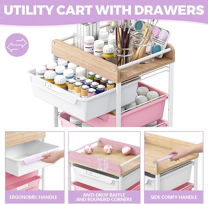 SYKIARIOL Rolling Craft Storage Cart with 4 Drawers,Utility Cart with Drawers,Art Craft Organizers and Storage,Kids Art Craft Cart With DIY Lable and Wooden Tabletop Area, Purple