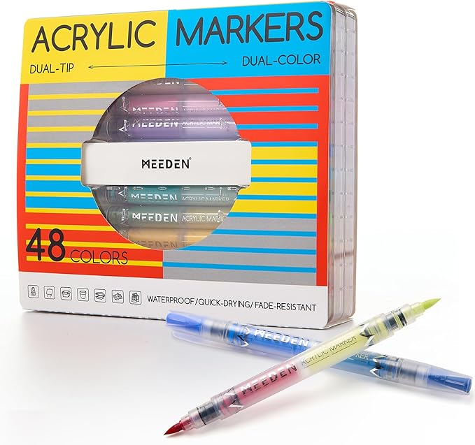 MEEDEN Acrylic Paint Markers Dual Tip: 48 Colors/24 Pcs Brush Tip Acrylic Marker with Automatic Ink Control for Art Supplies - Quick Dry Paint Pens for Rock, Wood, Glass, Easter Basket Stuffers