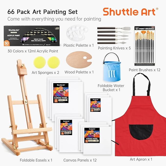 66 Pack Acrylic Paint Set, Shuttle Art Acrylic Painting Set with 30 Colors Acrylic Paint, Wooden Easel, Painting Canvas, Paint Brushes, Palettes, Art Painting Supplies for Kids Adults Beginner Artists