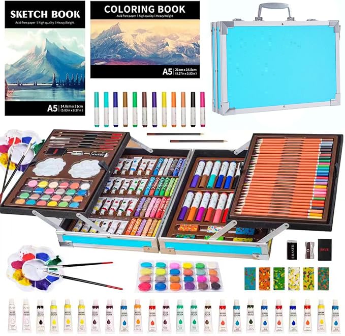 KINSPORY Deluxe Art Supplies Kit for Kids, Boys, Girls, Teens, Ages 5-12, with Sketch Pad, Watercolors, Crayons, Pencils, Markers, Oil Pastels, Palettes, Brushes, Erasers - Blue