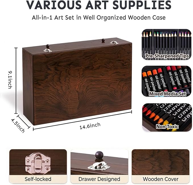 175-Pack Deluxe Wooden Art Set Drawing Painting Kit with 2 Drawing Pads, Acrylic Paints, Colored Pencils, Crayons, Paint Brush, Art Kit in Wooden Case, Gift for Artist, Adults, Teens and Kids