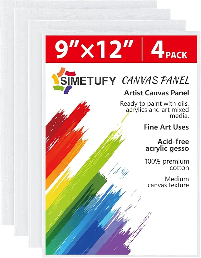 Simetufy 4 Pack 9x12Inch Canvas Boards for Painting, Blank Canvas Panels, Gesso Primed Acid-Free 100% Cotton for Acrylics Oil Watercolor Tempera Paint