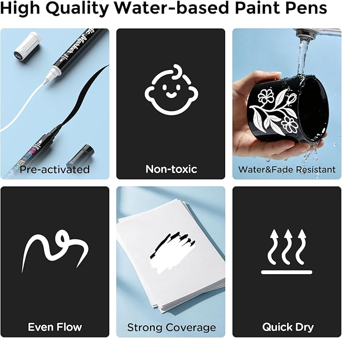 Betem Dual Tip Acrylic Paint Pens, Black & White Paint Markers for Glass, Window, Fabric, Wood, Rock, Canvas, Acrylic Markers with Fine & Brush Tip, Art & Craft Supplies, Teacher Appreciation Gift