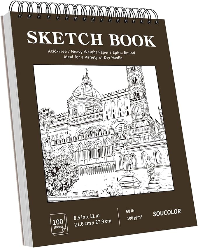 Soucolor Sketchbook 8.5x11 Hard Cover Spiral Bound, 100 Sheets 68lb/100gsm Thick Acid-Free Drawing Paper Lay Flat Sketch Pad Art Notebook for Adults Artists Teachers Students Classroom