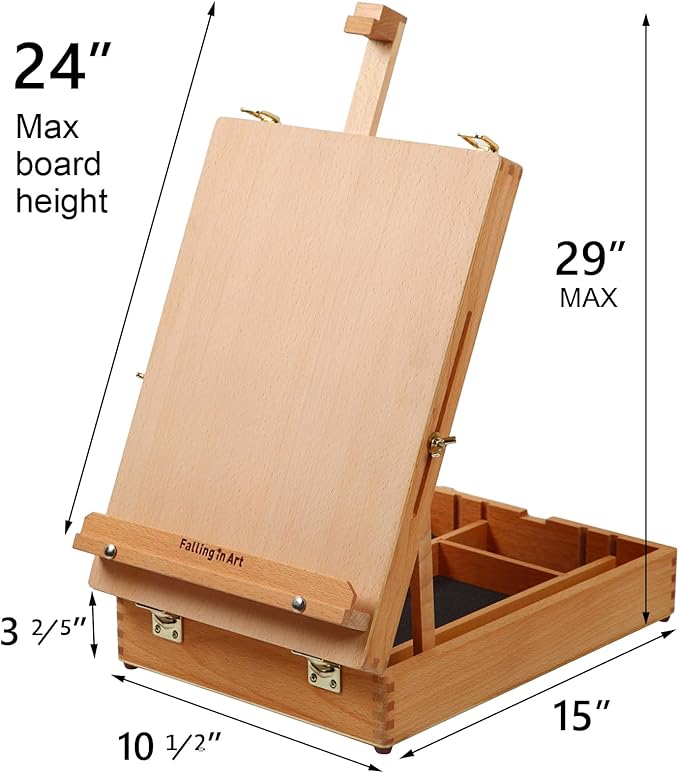 Falling in Art Wooden Tabletop Easel, Beech Wood Sketchbox Desktop Easel for Painting, Portable Art Drawing Easel for Beginners and Professionals