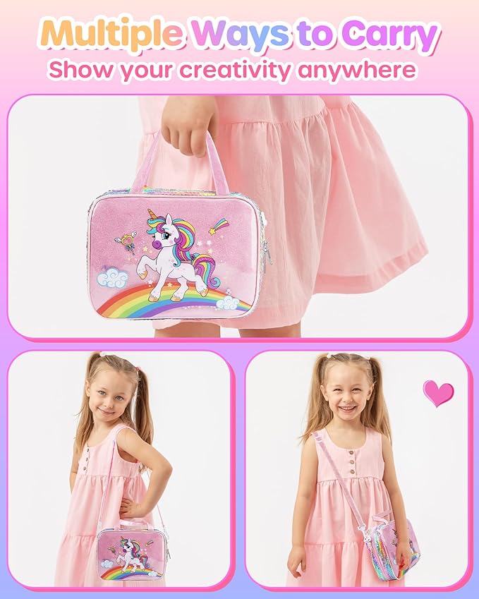 D-FantiX Unicorn Art Supplies Convertible Bag for Girls, 63Pcs Coloring Drawing Set for Kids with Fruit Scented Markers, Portable Travel Activity Kit, Birthday Gift for 4 5 6 7 8-12 Year Old Girls