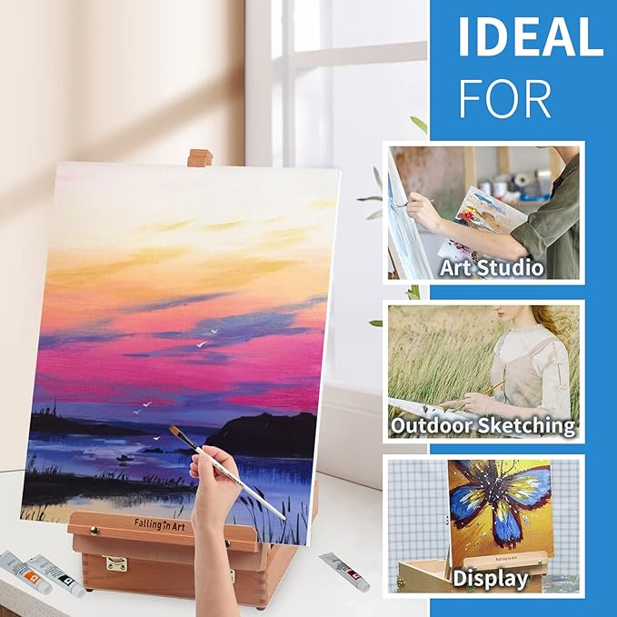 Falling in Art Wooden Tabletop Easel, Beech Wood Sketchbox Desktop Easel for Painting, Portable Art Drawing Easel for Beginners and Professionals