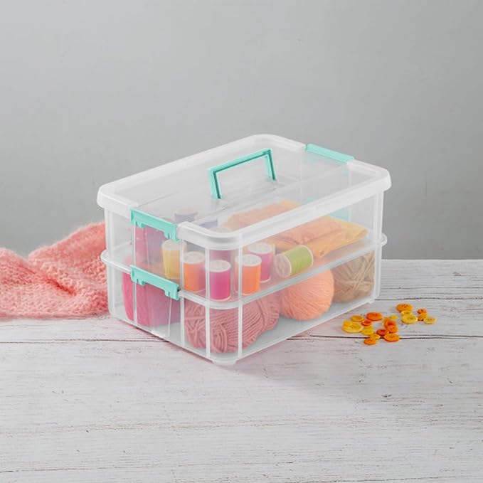 Sterilite 4-Pack Stack & Carry, 2 Layer Handle Box for Home & Office Storage - Clear Base & Lid with Color Latches, Organizer for Art & Craft Supplies, Sewing Tools or 8.5" x 11" Paper