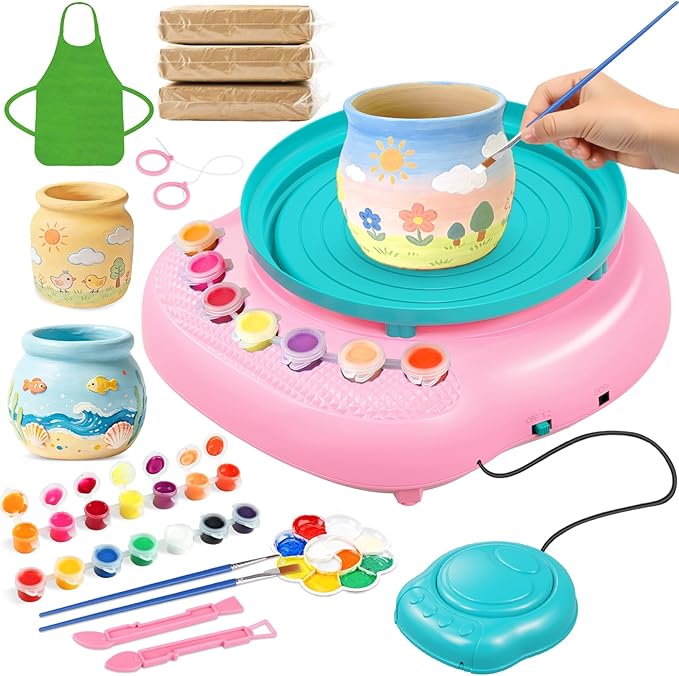 Easter Pottery Wheel for Kids Complete DIY Pottery Painting Kit, Arts and Crafts for Kids Ages 8-12 with 3 Air-Dry Clay Packs and Tools, Art Supplies Toys Birthday Gift for Boys Girls 6+ Years Old