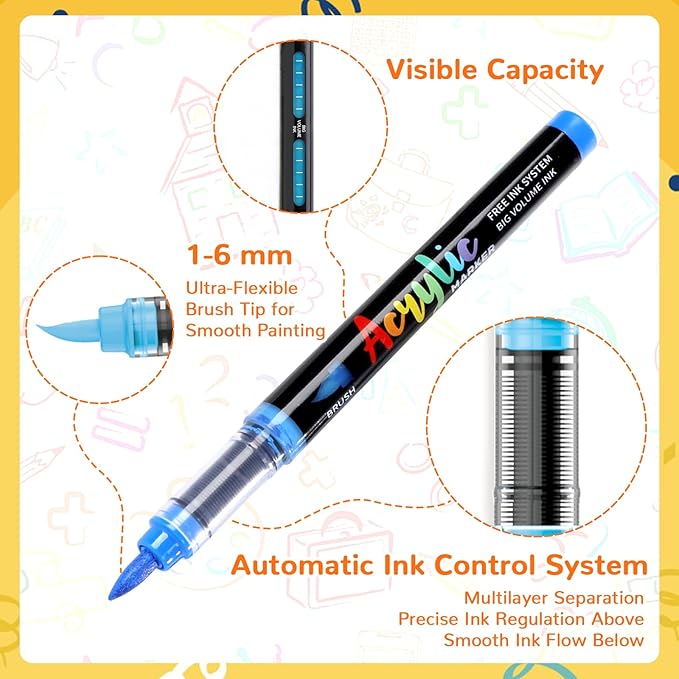 48 Colors Acrylic Paint Markers Brush Tip, Automatic Ink Control Acrylic Paint Pens Waterproof Acrylic Markers Set for Holiday Decorations, Stone, Wood, Glass, DIY & Art Supplies