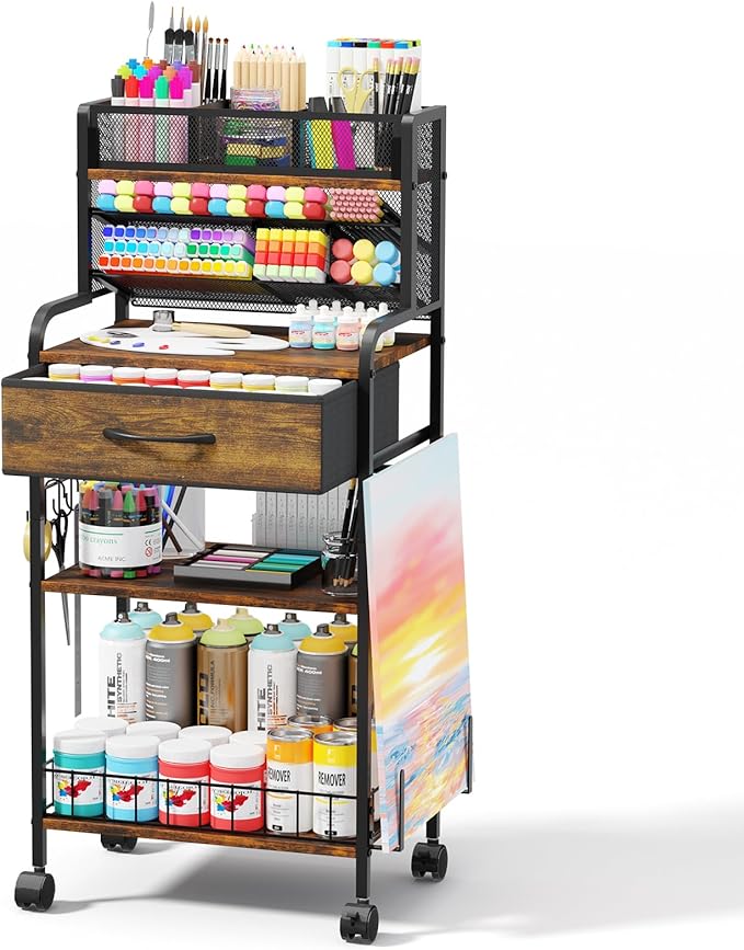 Homsorout Art cart, 3 Tier Rolling Cart - Utility Cart with Storage Drawer and Wheels, Versatile Art & Craft Organizer for Home, Office, or Studio Ideal for Storing Brushes, Paints （Brown）
