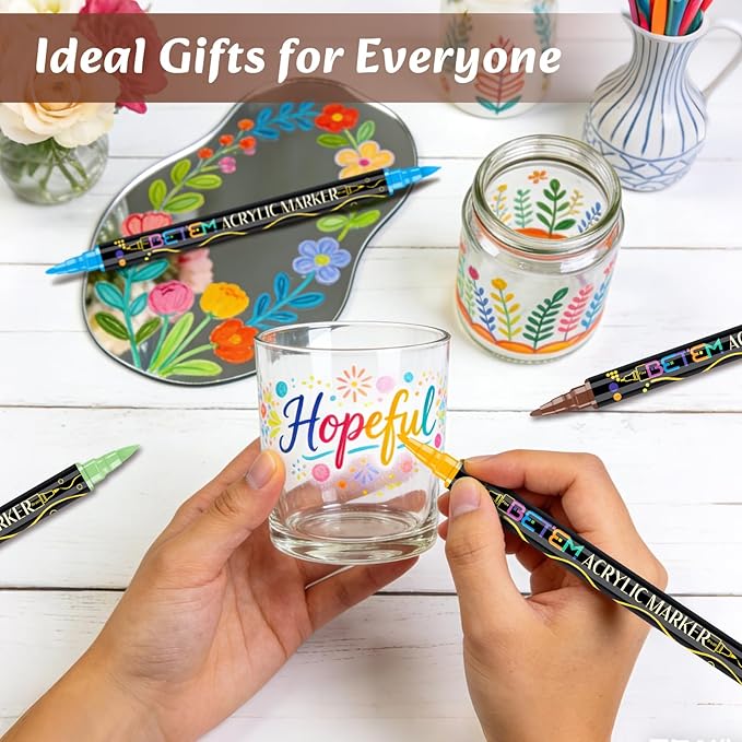 Betem Dual Tip Acrylic Paint Pens, 24 Colors Paint Markers for Glass, Window, Fabric, Wood, Rock, Canvas, Acrylic Markers with Fine & Brush Tip, Art & Craft Supplies, Teacher Appreciation Gift