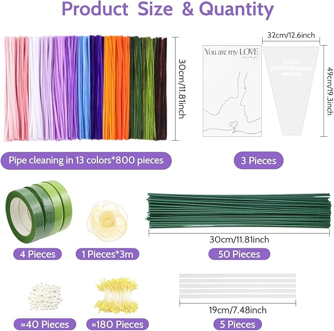 800 PCS Pipe Cleaners Craft, Pipe Cleaners Flowers Kit with Handle, 13 Colors Chenille Stems with Instruction, Art and Craft Supplies