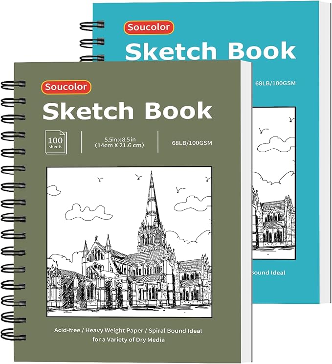 Soucolor 5.5" x 8.5" Sketchbook Pack of 2, 200 Sheets Blank Journal Notebook, A5, Spiral Bound Sketch Pad Drawing Book Acid-Free Paper (68lb/100gsm), Painting Sketching Drawing Notebook Art Supplies