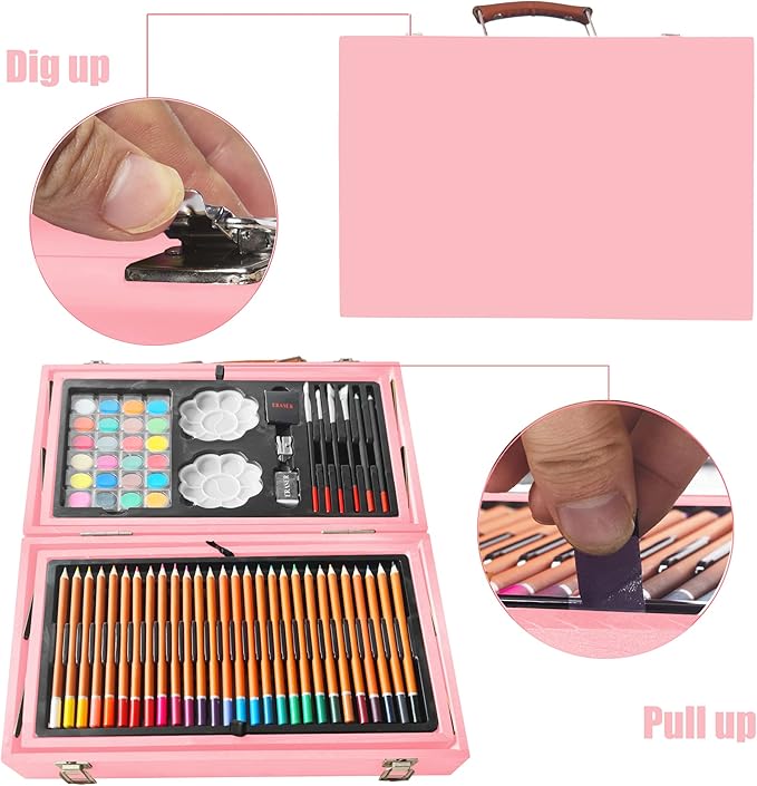 KINSPORY Art Set, 139 Pack Painting Drawing Art Supplies Kit with 2 Sketch Pads, Deluxe Double Layers Art Set Crafts, Colored Pencils, Oil Pastels, Watercolor Paints, Gift for Artists Kids (Rose Pink)
