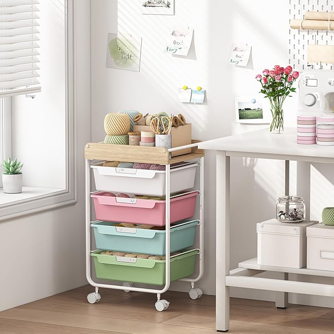 SYKIARIOL Rolling Storage Utility Cart with 4 Drawers,Kids Craft Art Cart,Makeup Organizer and Storage with Wooden Tabletop,Colorful