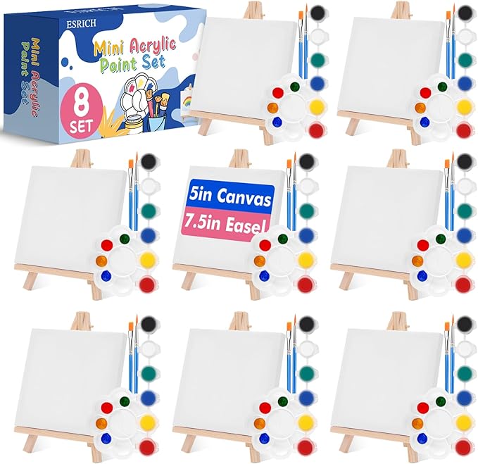 ESRICH 8 Set Mini Acrylic Paint Kit, 5in Mini Stretched Canvas with 7.5in Easel, Acrylic Paint Strips, Paint Palettes, Painting Brushes, Small Canvas and Easel Set for Kids Artists Beginner, Gift