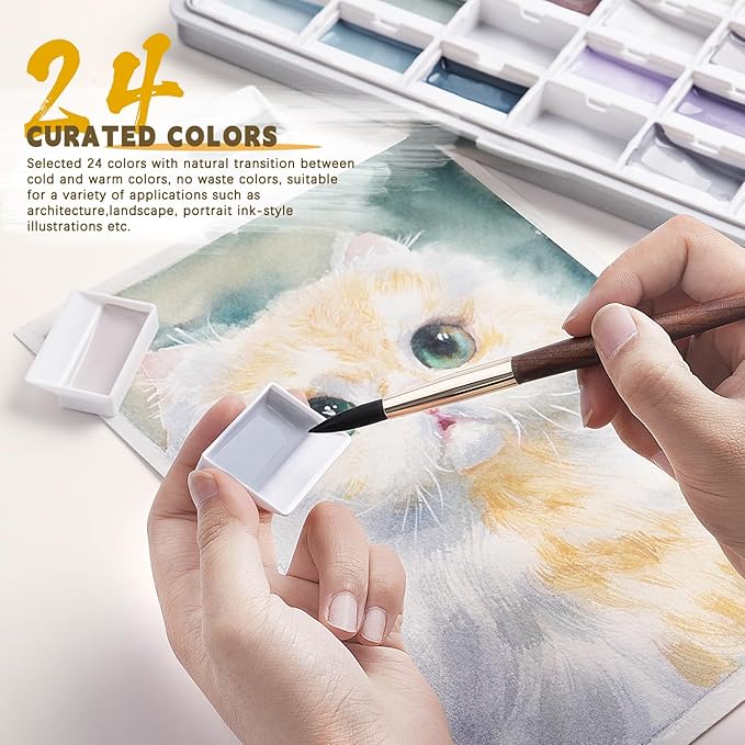 Fuumuui Watercolor Paint Set- 24 Color Opaque Semi-Moist Watercolor Paint, Gray Palette Sets Professional Adult Beginner Artist Supplies for Realistic Landscape Portrait Art Painting