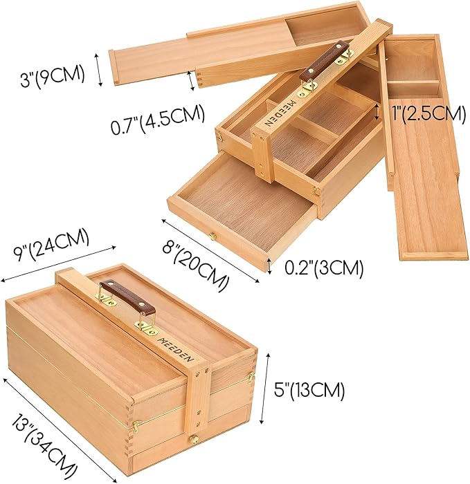 MEEDEN Artist Supply Storage Box - Portable Foldable Multi-Function Beech Wood Artist Tool & Brush Storage Box with Compartments & Drawer for Pastels, Pencils, Pens, Markers, Brushes