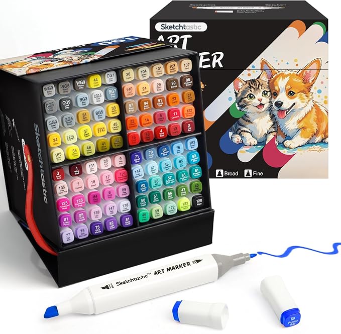 Alcohol Markers Dual Tip Marker Set, 100 Vibrant Colors for Adults, No Bleed Colors for Artists, Based Markers for Coloring Books, Sketching and Art Projects