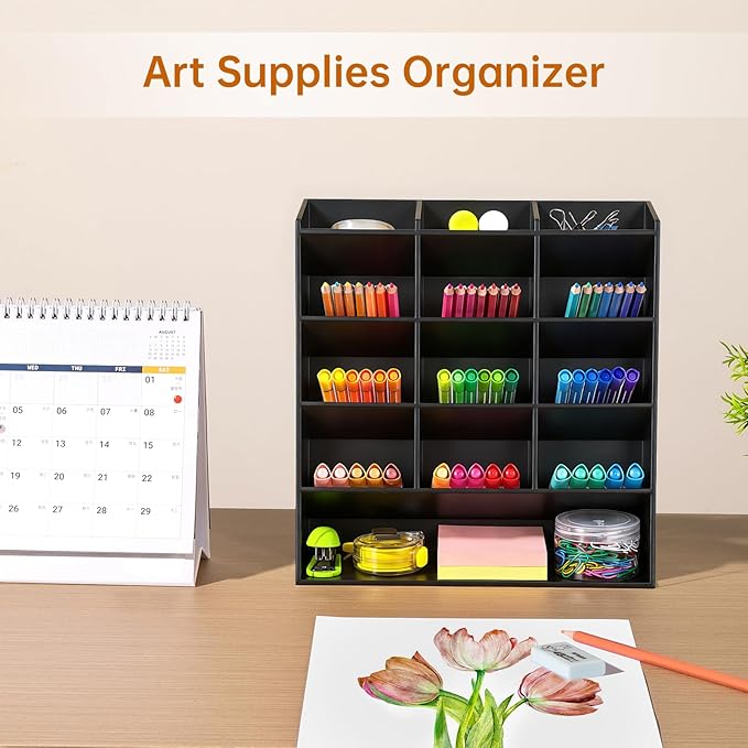 BEYGORM Acrylic Vertical Marker Organizer for 150 Markers with 13 Compartments, Angled Pen & Pencil Holder, Large Desk Stationery & Art Supply Storage for Office & School (10.2 x 9.8 x 4 Inch)
