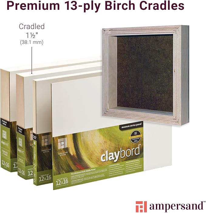 Ampersand Art Supply Claybord | 24" x 36" | 1-1/2" Cradled Profile | Kaolin Clay Painting Panel for Acrylic, Ink, Watercolor & Mixed Media | Canvas & Paper Alternative
