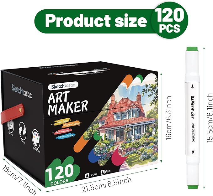 Alcohol Markers Dual Tip Marker Set, 120 Vibrant Colors for Adults, No Bleed Colors for Artists, Based Markers for Coloring Books, Sketching and Art Projects