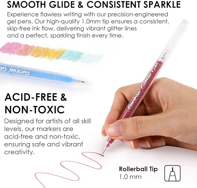 Grabie Set of 42 Glitter Gel Pens Set, Silver Sparkle Ink, 1.0mm Fine Tip Gel Pens for Adult Coloring Books, Journaling, Drawing, Scrapbooking, Smooth Writing Art Supplies