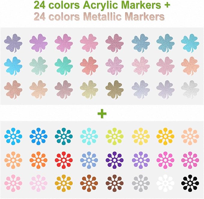 nauets 48 Pack Metallic & Acrylic Paint Markers Set - 24 Colors Acrylic + 24 Metallic Markers, Dual Tip Paint Pens with Brush/Fine Tip for Paper, Rock, Wood, Canvas, Glass, Ceramic DIY Crafts