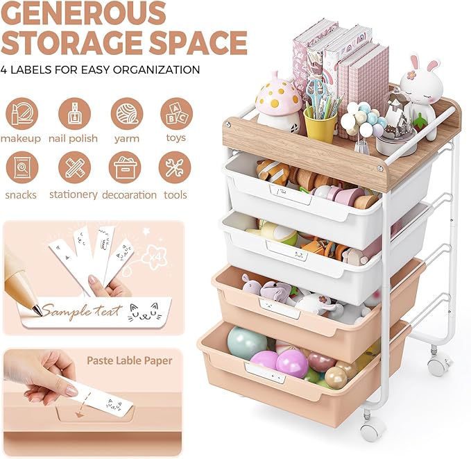 Rolling Storage Utility Cart With 4 Drawers,Kids Craft Art Cart,Makeup Organizer And Storage with Wooden Tabletop,Pearl