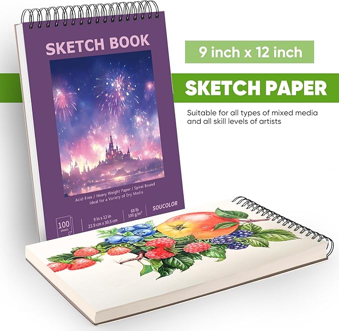 Soucolor 9"x12" Sketch Book for Women Sketch Book, 100 Sheets (68lb/100gsm) Drawing Paper, Art Supplies for Kids, 1-Pack Art School Supplies