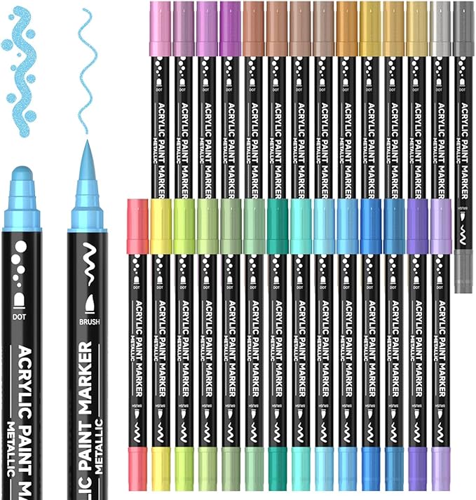Shuttle Art 28 Metallic Colors Dual Tip Acrylic Paint Markers, Brush Tip and Dot Tip Acrylic Paint Pens for Rock, Ceramic, Wood, Canvas, Plastic, Glass, Stone, Calligraphy, Card Making, DIY Crafts