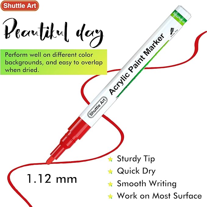 Shuttle Art Paint Pens, 42 Colors Acrylic Paint Markers, Low-Odor Water-Based Quick Dry Paint Markers for Rock, Wood, Metal, Plastic, Glass, Canvas, Ceramic