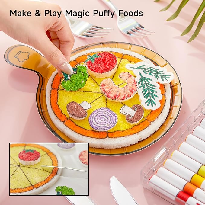 Shuttle Art 104 Pcs Magic Foam Texture Painting Kit – Food Series: 34 Food Foam Pieces, Paper Plates, Forks & Knives, 12 Acrylic Paint Markers, Magical 3D Effect DIY Art Craft for Kids Ages 3-12