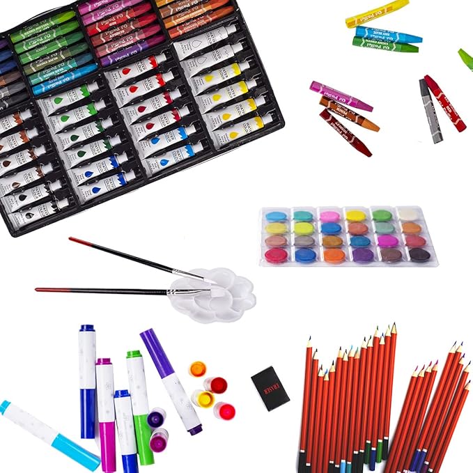 KINSPORY Art Supplies, 139 Pack Painting Drawing Art Kit with 2 Sketch Pads, Deluxe Double Layers Art Set Crafts, Colored Pencils, Oil Pastels, Watercolor Paints, Colored Markers for Kids (Red)