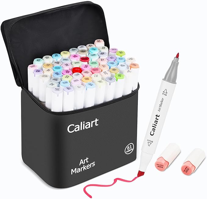 Caliart Pastel Alcohol Markers, 61 Colors Fine & Broad Chisel Dual Tip Permanent Art Markers with Carrying Case, Alcohol Based Sketch Pens for Adults Artists Coloring Painting Drawing Illustration