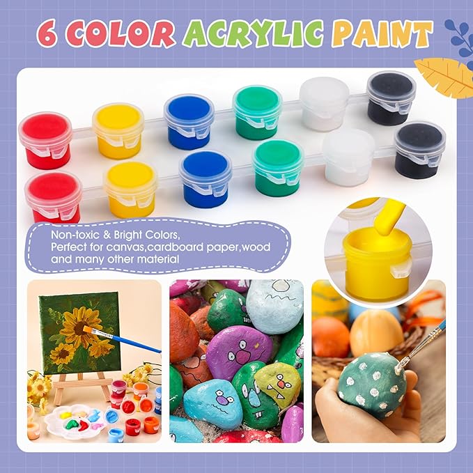 ESRICH 6 Set Mini Acrylic Paint Kit, Minis Stretched Canvas with Easel, Acrylic Paint Strips, Paint Palettes, Painting Brushes, Mini Canvas and Easel Set for Kids Artists Beginner, Gift