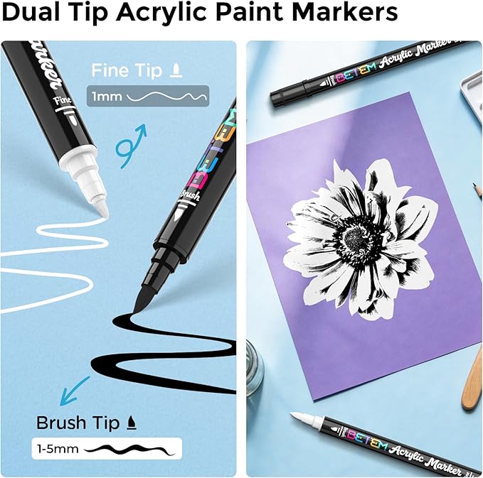 Betem Dual Tip Acrylic Paint Pens, Black & White Paint Markers for Glass, Window, Fabric, Wood, Rock, Canvas, Acrylic Markers with Fine & Brush Tip, Art & Craft Supplies, Teacher Appreciation Gift