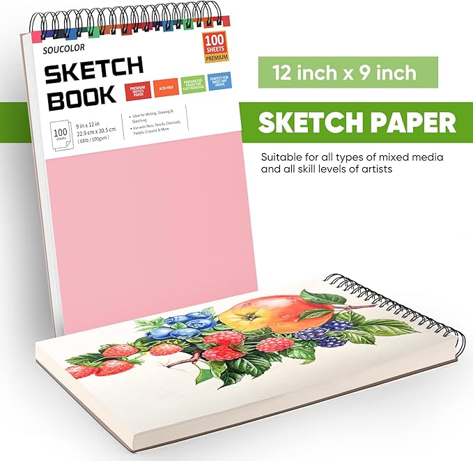 Soucolor Cute Sketchbook 9" x 12" for Women, 1-Pack 100 Sheets Spiral Notebook Drawing Pad, Pastel Art Supplies for Artists, Arts and Crafts Gifts Set for Adults